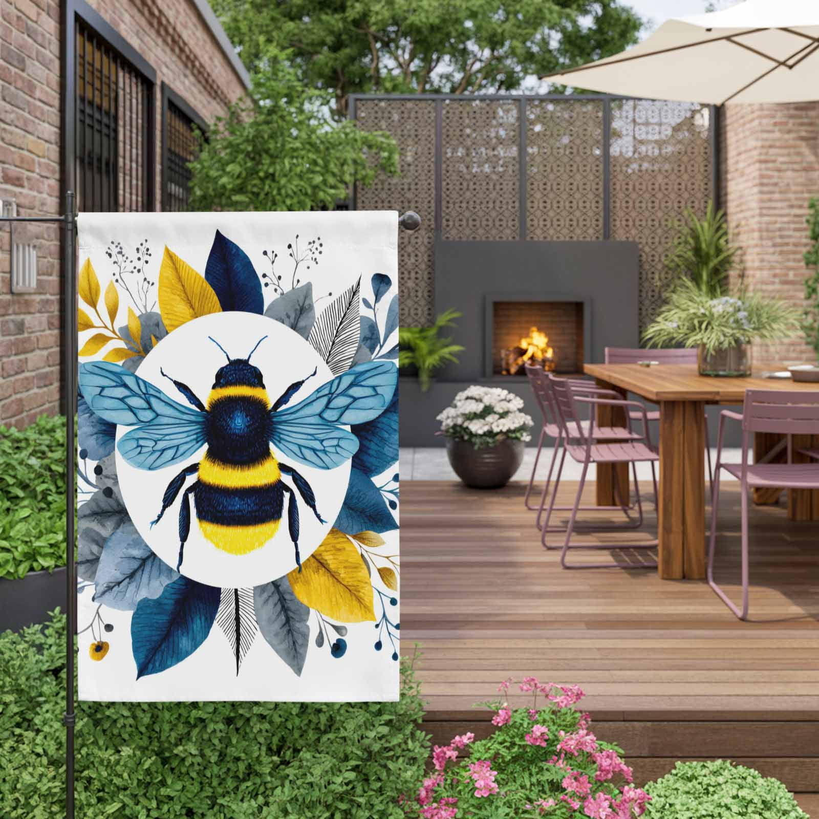 Bees House Flag 28 x 40 Inches, Gold Blue Leaves Plant Bee Weather Proof Outdoor Patio Flags Double Sided Small House Decoration for Yard Lawn Outside Home