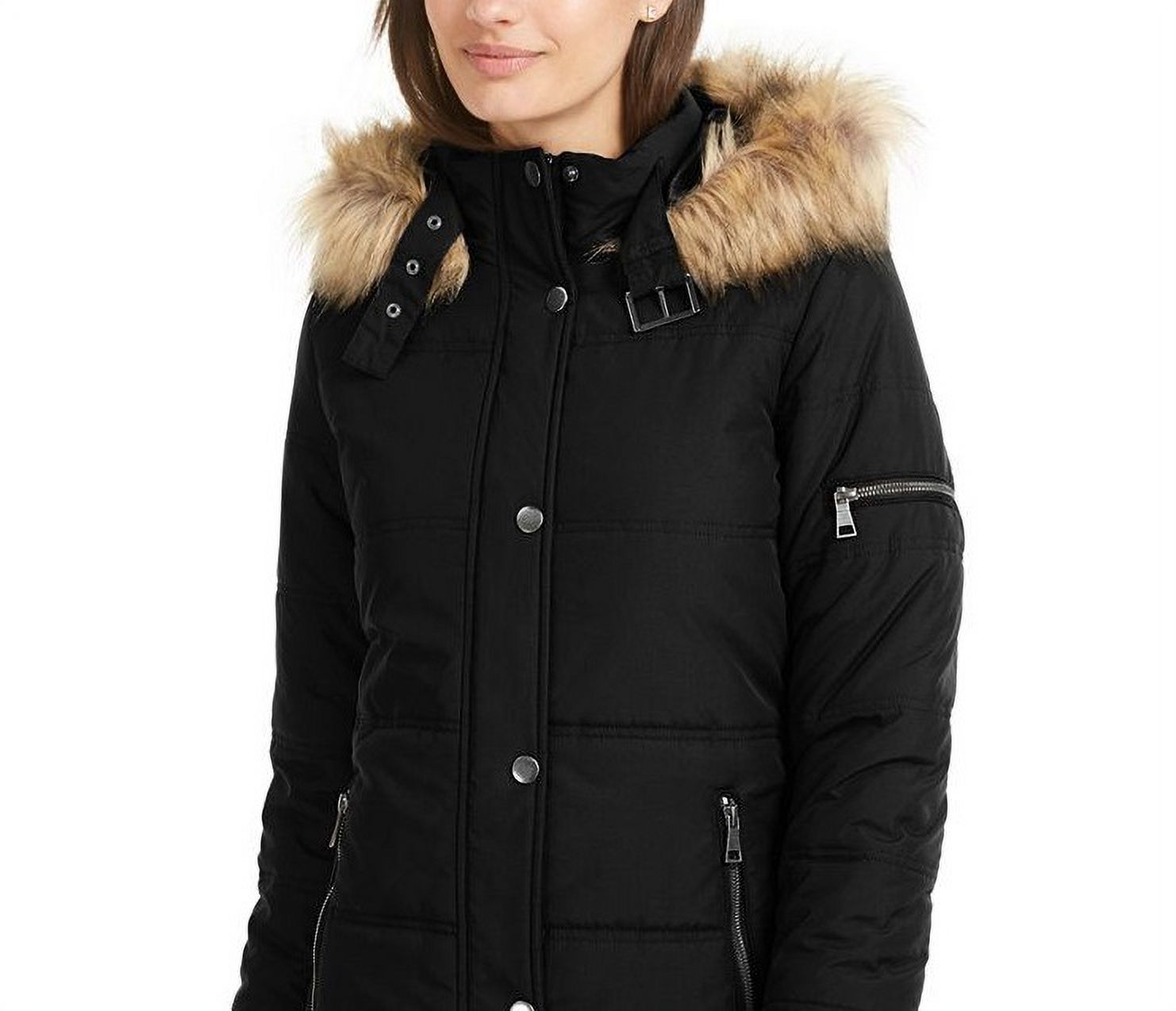 MARALYN & ME Womens Black Faux Fur Pocketed Hooded Zippered Puffer Winter Jacket Coat Juniors XS - image 2 of 3