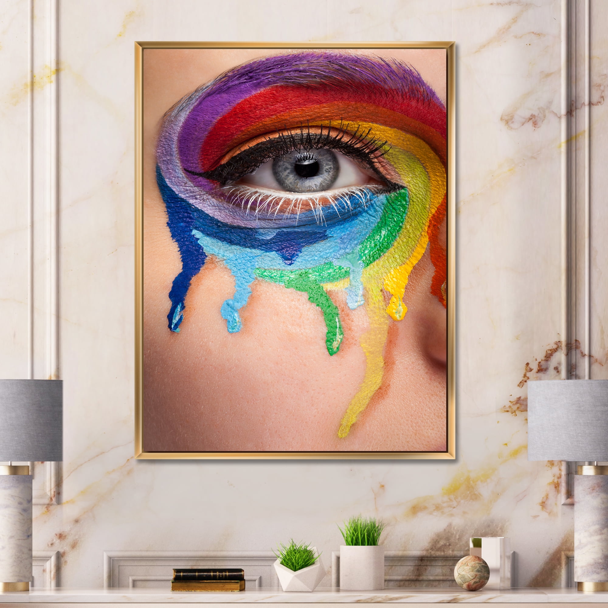 Designart 'Close Up Eye With Colourful Cry In A Wheel Arround' Modern Framed Canvas Wall Art Print