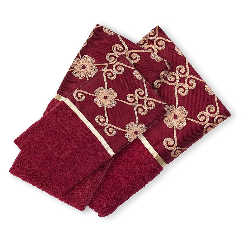 Popular Bath Elegant Rose Embroidered 3Piece Towel Set, BurgundyGold