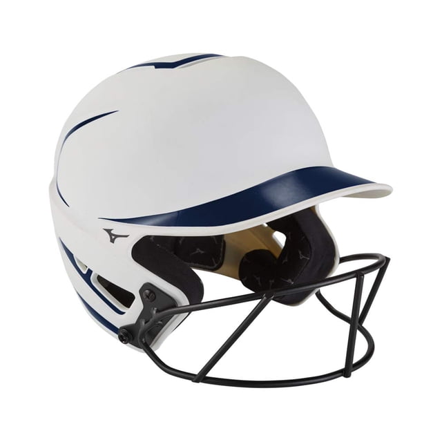 Casco Mizuno F6 para adultos, lanzamiento rápido, softball, con máscara, talla S/M, color blanco/azul