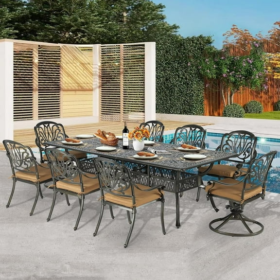 9-Piece Patio Dining Set, All Weather Cast Aluminum Outdoor Funiture Table and Chairs Set - 94.5" Rectangular Table and 2 Swivel Rocker Chairs, 6 Stationary, Umbrella Hole, Khaki