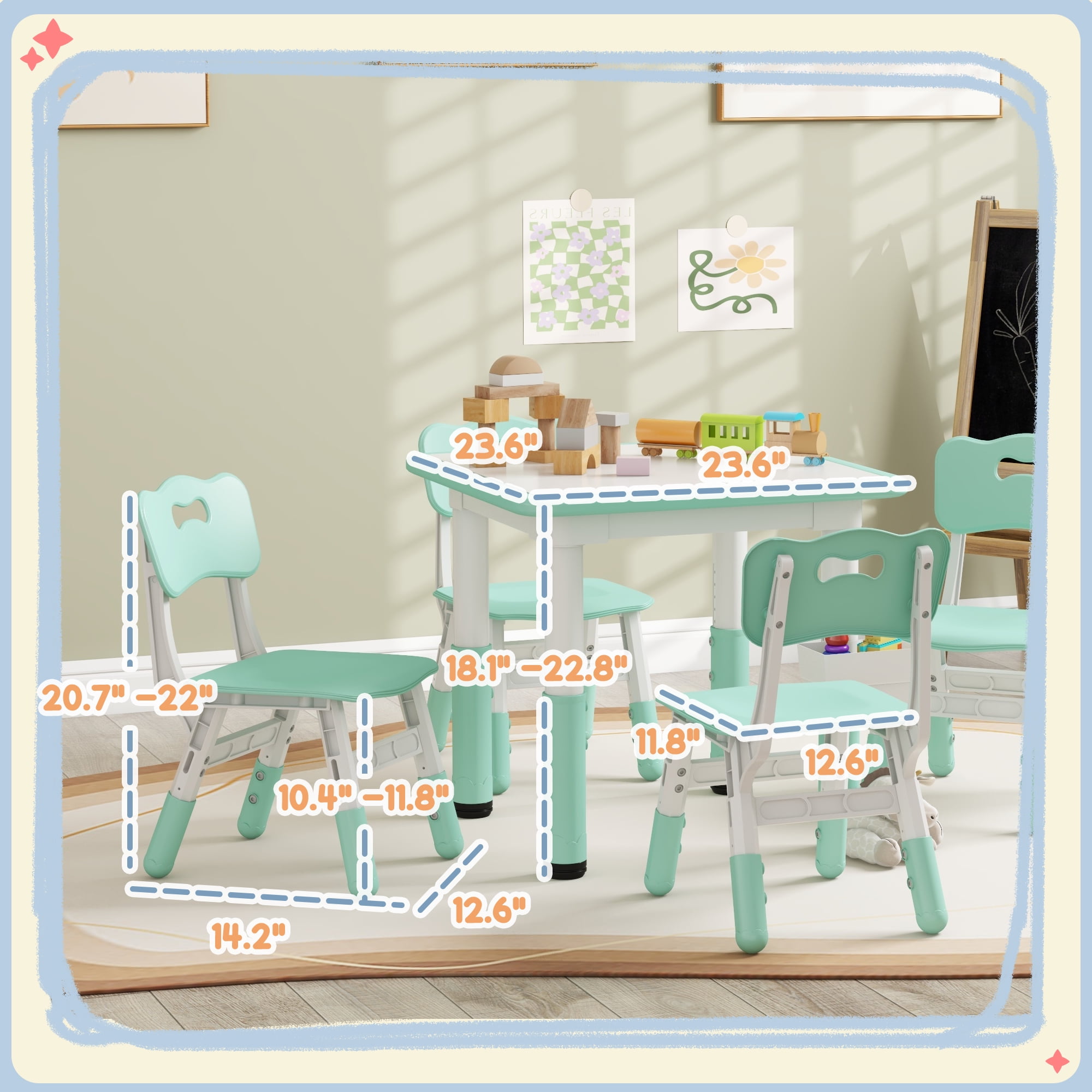 Qaba 5 Piece Height Adjustable Kids Table and Chair Set with Storage, Green
