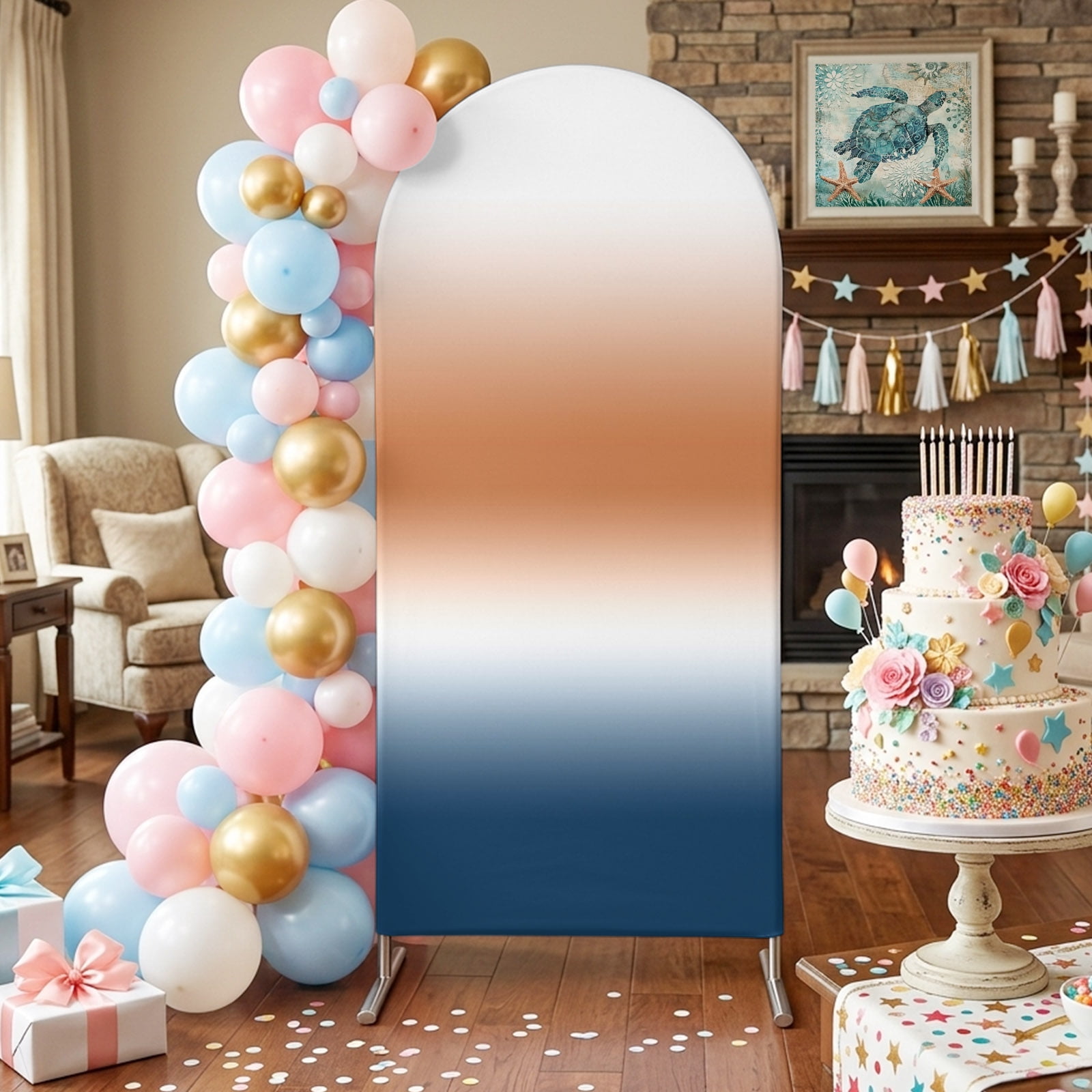 Orange and Blue Gradient Arch Backdrop Covers 5 FT Minimalist Navy Blue Ombre Modern Art Stretchy Fitted Arched Stand Covers Party Arch Stand Cover Photo Booth for Wedding Birthday Decor