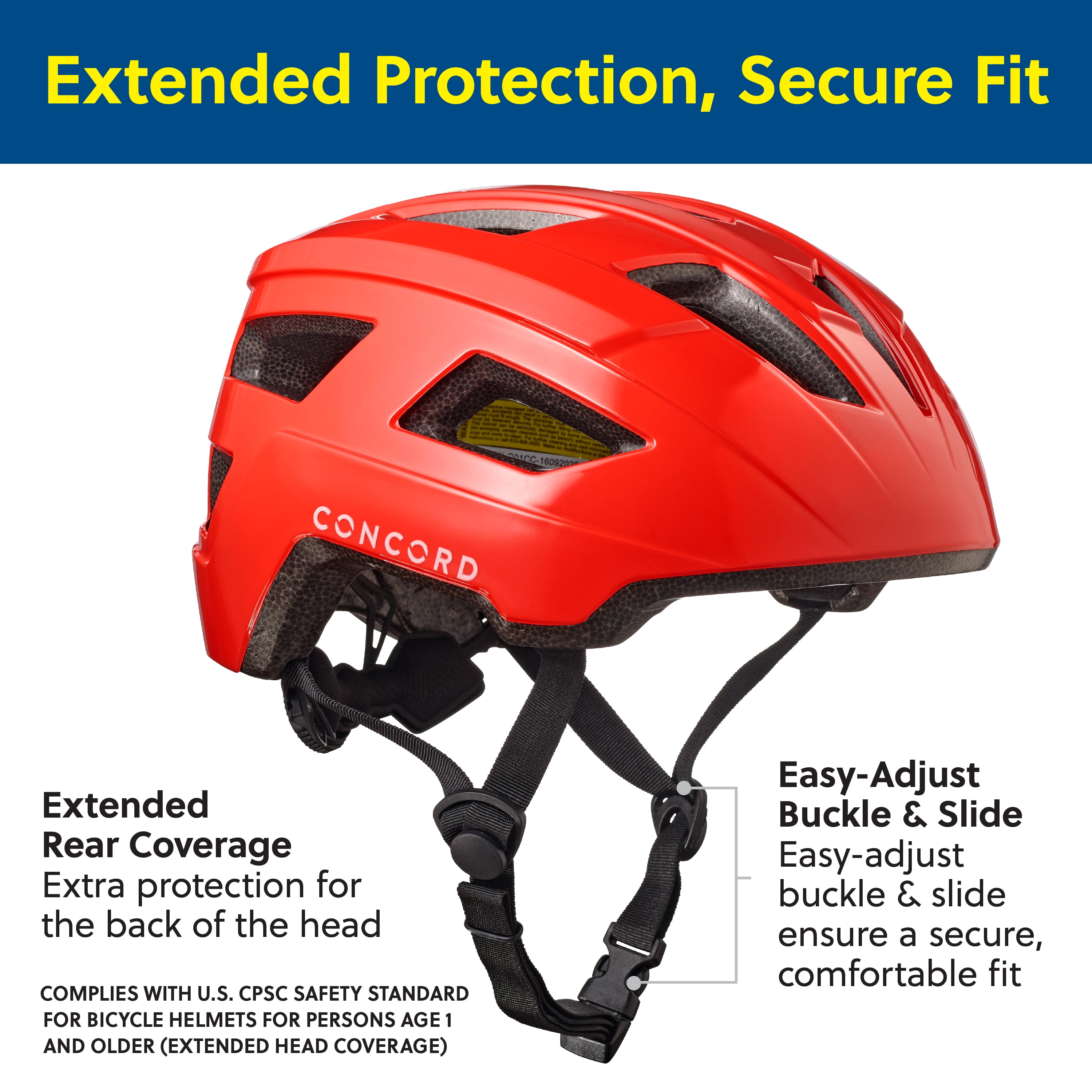 Concord Toddler Bike Helmet, Red, Size XS, Ages 3+, Adjustable Fit, 15 Vents