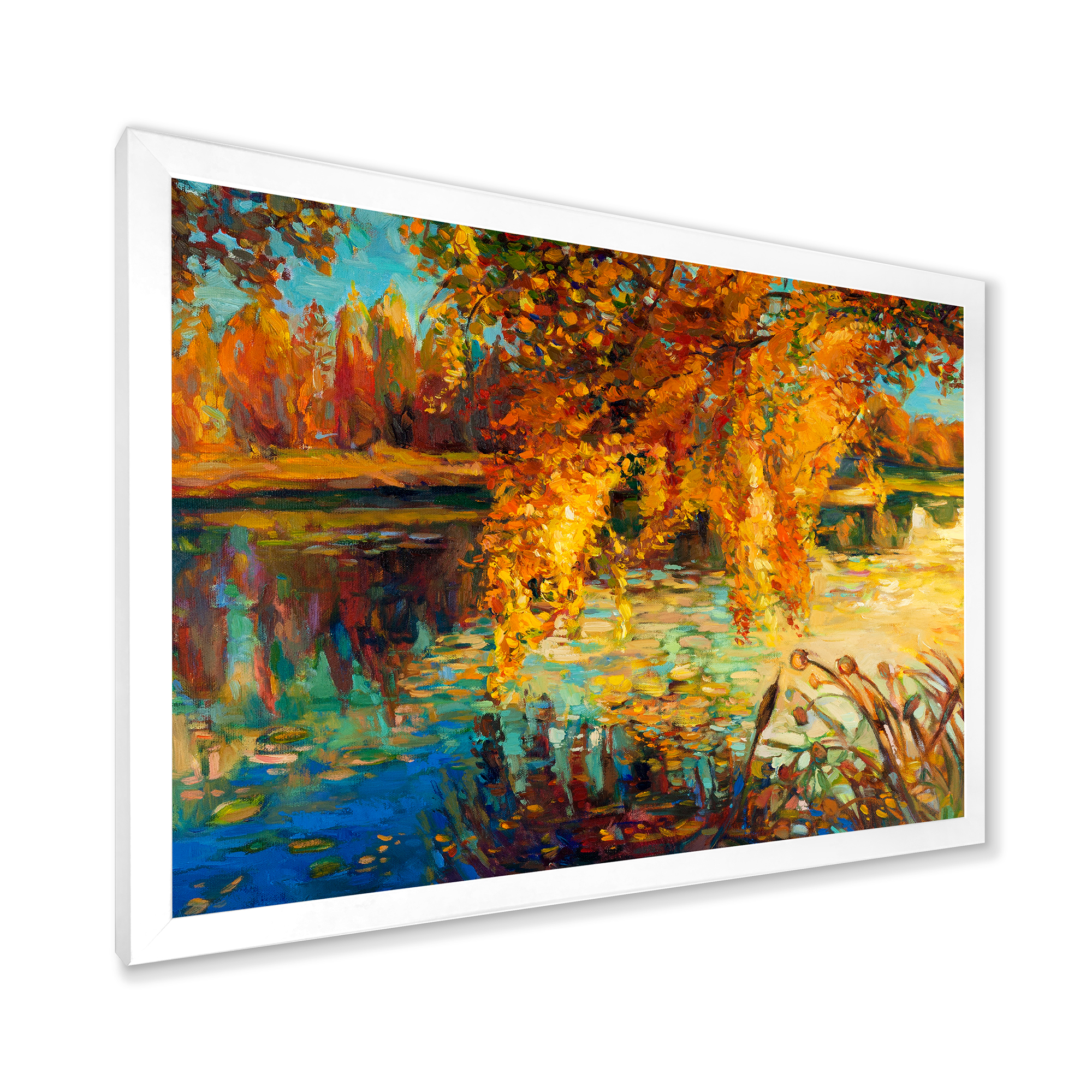 Designart 'Orange Autumn Forest Reflects On River' Lake House Framed Art Print