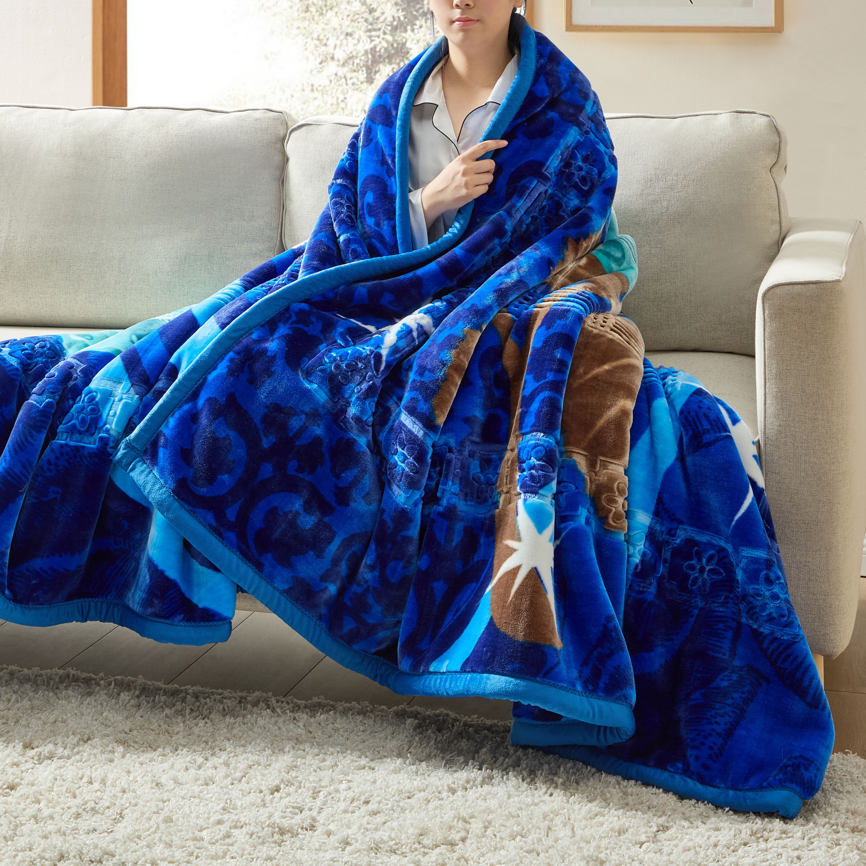 Lammaloe King Size Korean Mink Blanket for Winter, 12 lbs, 87" x 94", Heavy 2-Ply Warm Heavyweight Raschel Bed Blankets, Reversible Printed, Blue