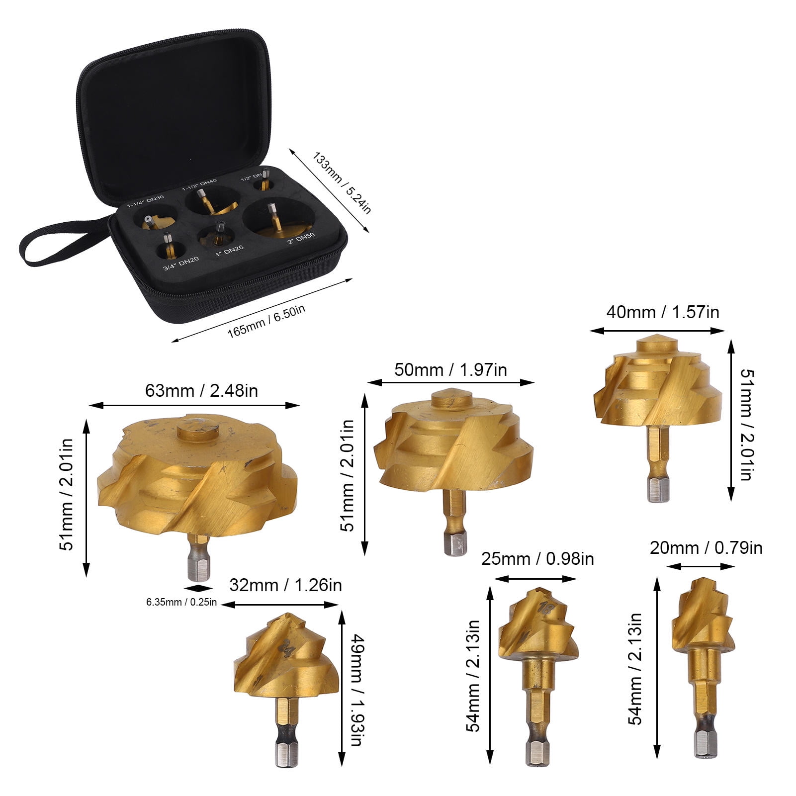 Yajisi 6‑Piece PPR Lifting Stepped Drill Bit Set 20‑63 mm, 1/4" Hex Shank, Ti‑Plated High‑Carbon, 90° Accurate Countersink – Ideal for Water Pipe Repair