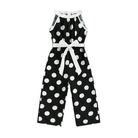 

ASashitenel Children Girl Jumpsuit Sleeveless Dot Printed Pattern Elastic Waist Tie Up Bow Decor Halter Neck One Piece Playsuit