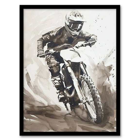 Artery8 Pro Motocross Race Racing Black White Watercolour Man Cave Art Print Framed Poster Wall Decor 12x16 inch