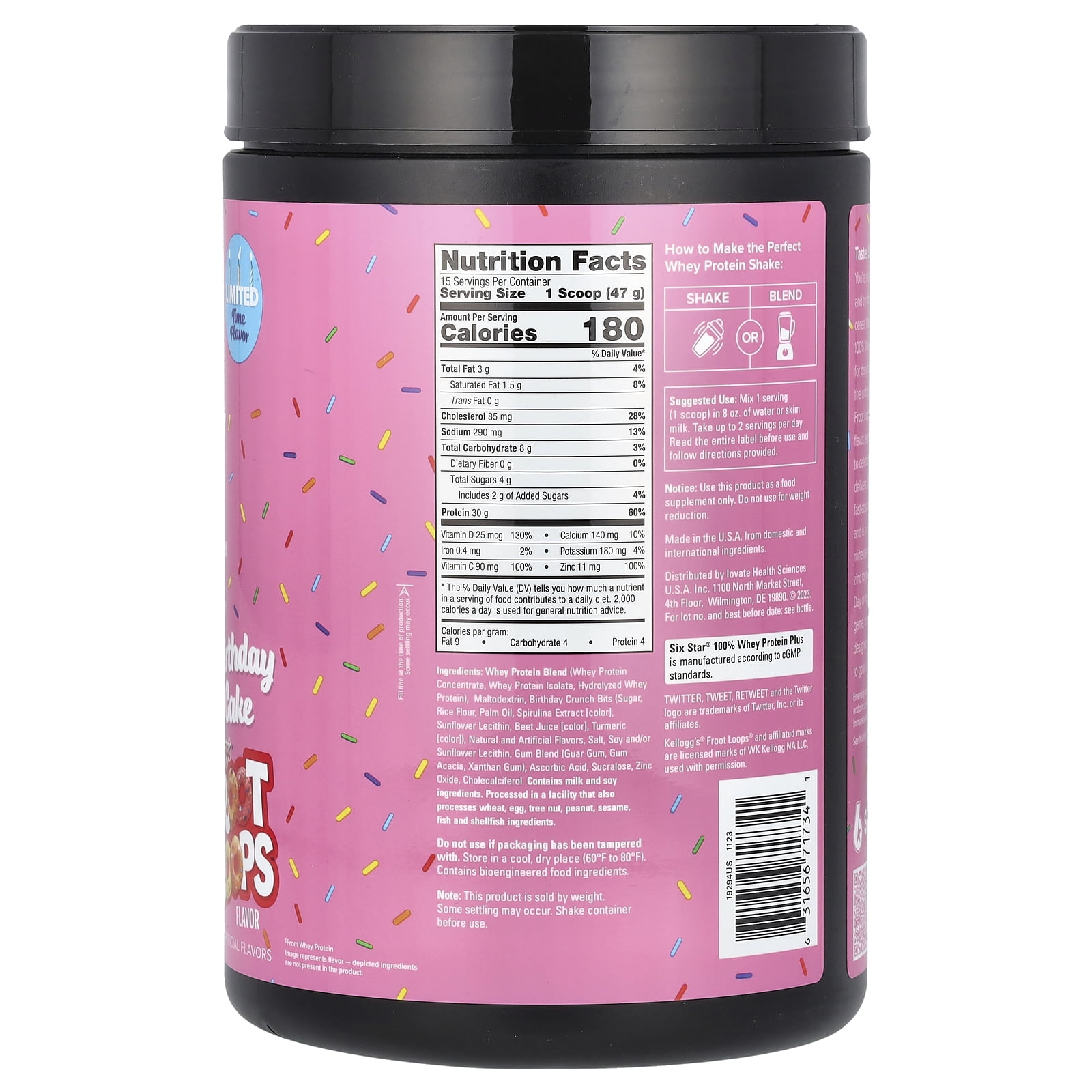 SIXSTAR 100% Whey Protein Plus, Birthday Cake Kellogg's Froot Loops, 1.55 lbs (705 g)