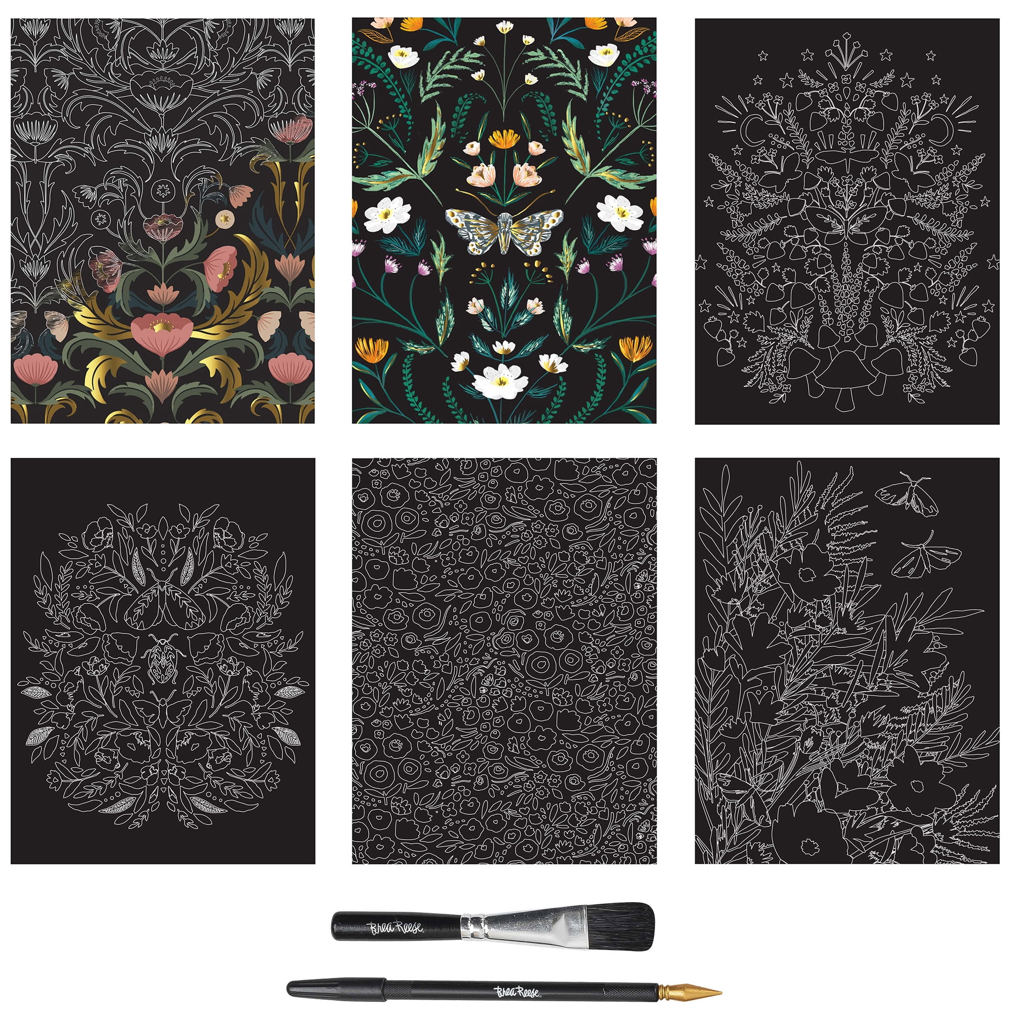 Brea Reese: Scratch Art Paper Pad - Fall Florals - 6 Designs, Guided Art, Metallic Accents, Stylus & Brush, Perforated 9x12" Pages, DIY Adult Craft