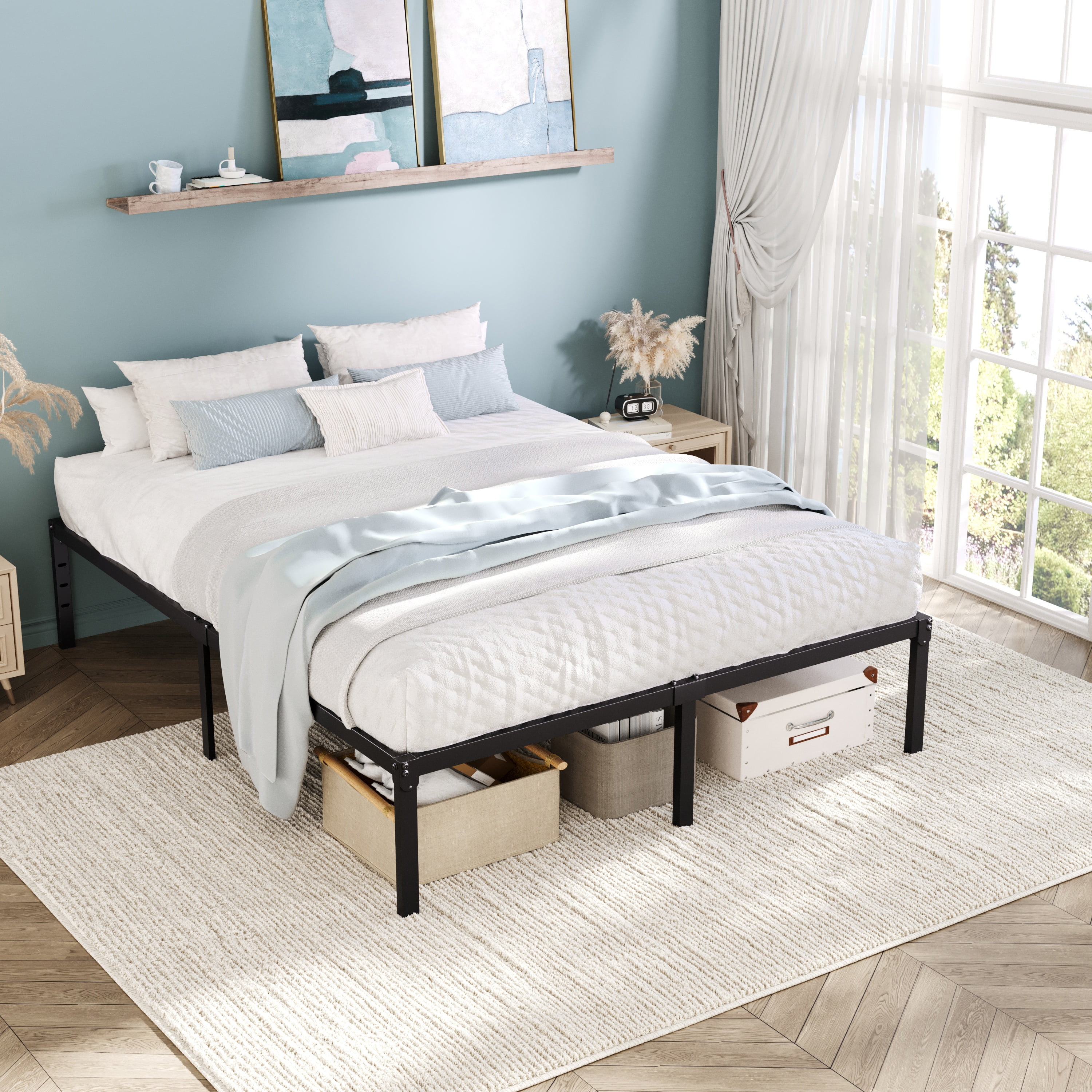Einfach Queen Bed Frame, Heavy Duty Metal Platform Bed with Ample Under-bed Storage Space, No Box Spring Needed, Black