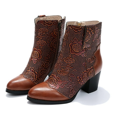 

Tuscom boots for women Retro Women Vintage Suqare Low Heels Zipper Fall Winter Plus Velvet Carved Splicing Print Short Boots Round Toe Shoes cowboy boots for women cowboy boots for women