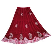 Mogul Women's Skirt Red A-Line Rayon Embroidered Boho Chic Long Skirts