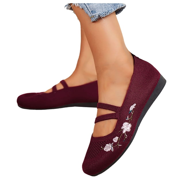 Ballerines pour Femmes Confortables à Fleurs Brodées, Chaussures de Robe à Bout Rond, à Enfiler, Ballerines de Marche, Petits Talons Compensés