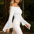 thumbnail image 6 of Women off Shoulder Lace Blouse, Convertible Square Neck Bell Long Sleeve Slim Top, Casual Elegant Shirt for Summer Autumn Dating Daily Outfits White XL(XL), 6 of 7