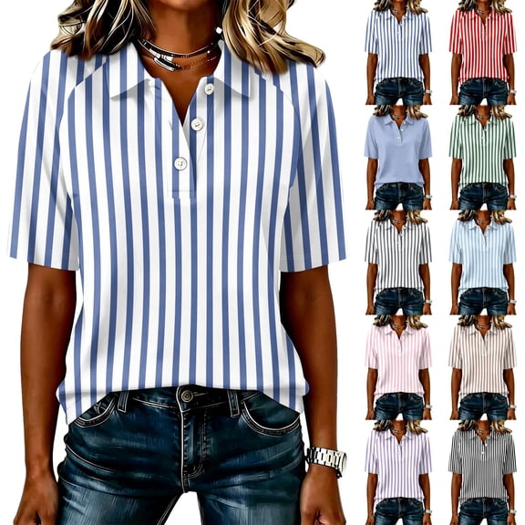 Garbnen Striped Polo Shirt for Women Raglan Collared Henley Short Sleeve T Shirts for Women Color Block Casual Fashion Office Golf Shirts for Women Blue M