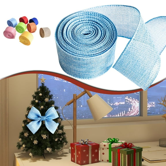 Sky Blue Linen Look Ribbon with Wired Edge 5CM Wide Pre Made Bows for Crafts Gift Wrapping Christmas Tree Decorations Wedding Party DIY Holiday Decor
