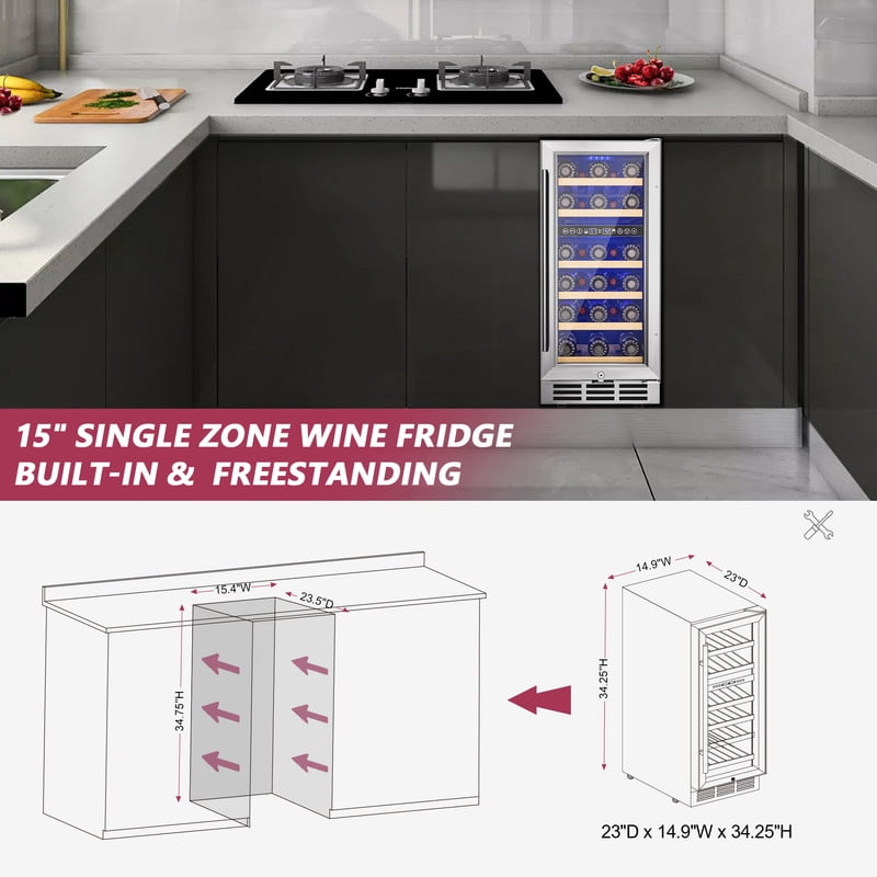 Simzlife 15" Wine Cooler, 30 Bottles Dual Zone Wine Chiller with Digital Temperature Control, Low Noise, Double-Layer Glass Door.