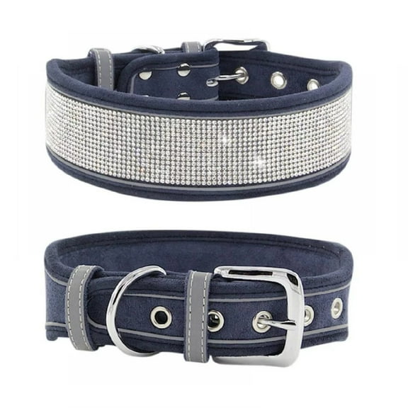Tanglewen Rhinestone Dog Collar,Dazzling Sparkling Soft Suede Reflective Large Dog Collar Crystal Diamond Collar for Medium & Large Dogs-Blue-L