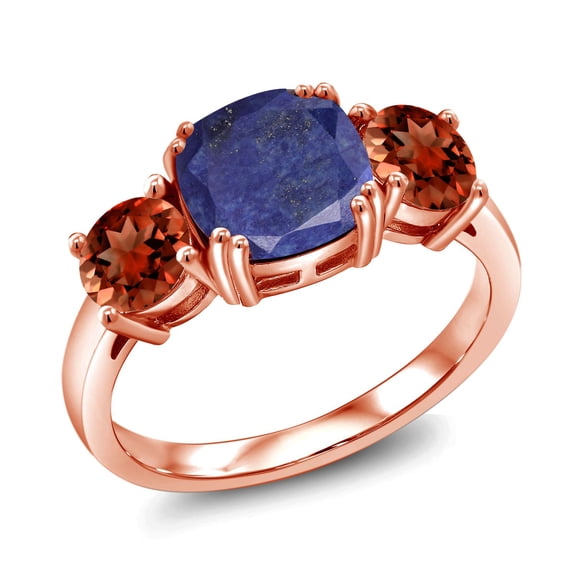 Gem Stone King 18K Rose Gold Plated Silver Blue Lapis and Red Garnet 3 Stone Engagement Ring for Women (4.00 Cttw, Gemstone, Cushion 8MM, Size 6)