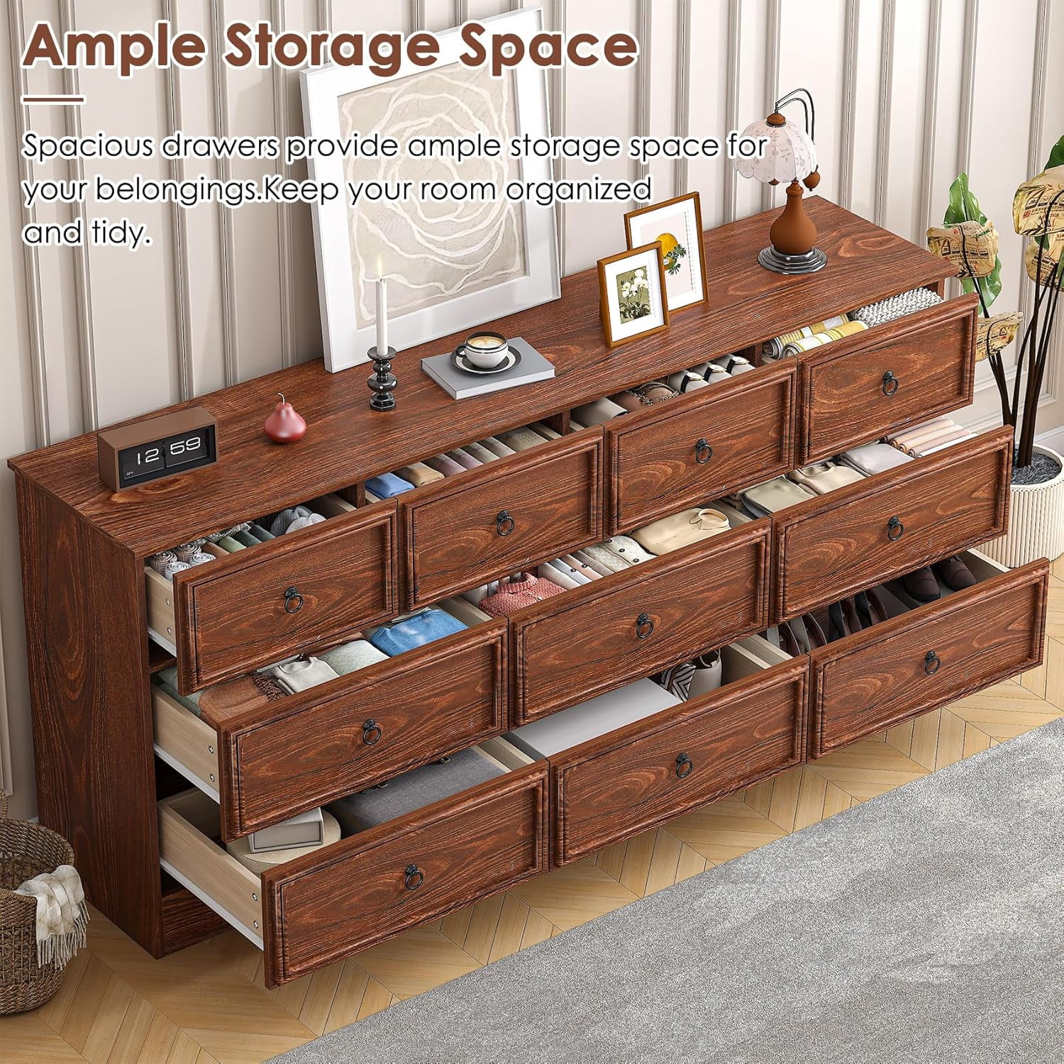 Frmobepts 10 Drawer Dresser for Bedroom, Dresser TV Stand, Chest of Drawers for Storage and Organization, Cherry