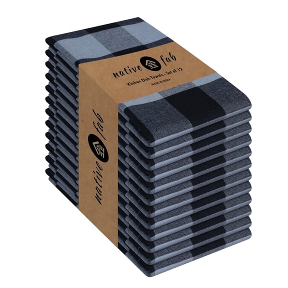 Native Fab 12 Pack Buffalo Check Kitchen Dish Towels, Cotton, Durable, Washable 16"x26" - Tea Towels, Soft Absorbent Cleaning Towel, Hand Towels with Hanging Loop - Black, Grey