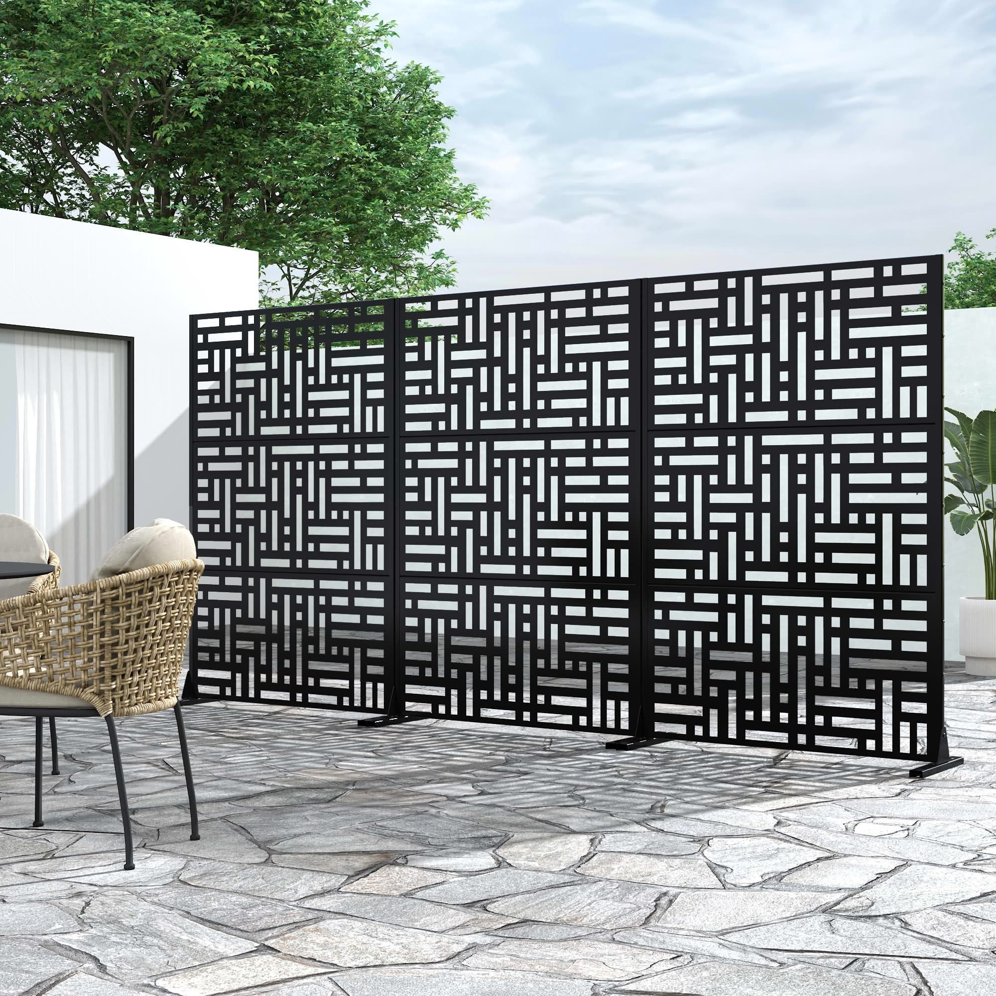 MAYEERTY 72"x47" Outdoor Privacy Screen, 3-Panel Black Street Pattern Galvanized Steel Screen, Decorative Cutout Fence for Patio Yard