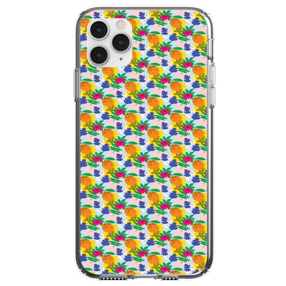 DistinctInk Clear Shockproof Hybrid Case for iPhone 12 / 12 PRO (6.1" Screen) - TPU Bumper, Acrylic Back, Tempered Glass Screen Protector - Summer Vibes Floral Pattern Orange Blue Yellow