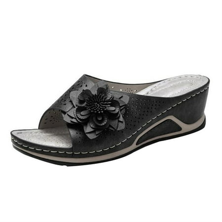 

PU Leather Soft Footbed Orthopedic Arch-Support Sandals for Women Hollow Wedge Flower Shoes Summer Supply