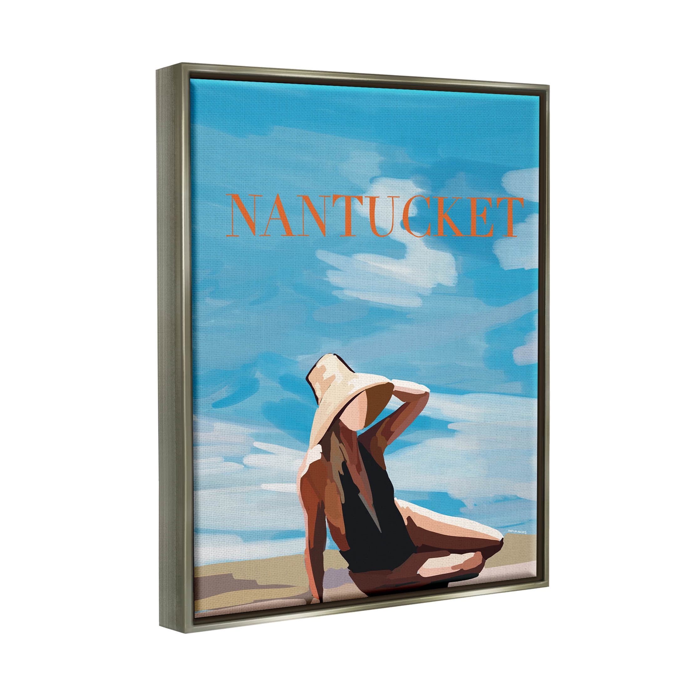 Stupell Industries Nantucket Summer Beach Girl Graphic Art Luster Gray Floating Framed Canvas Print Wall Art, Design by Amelia Noyes