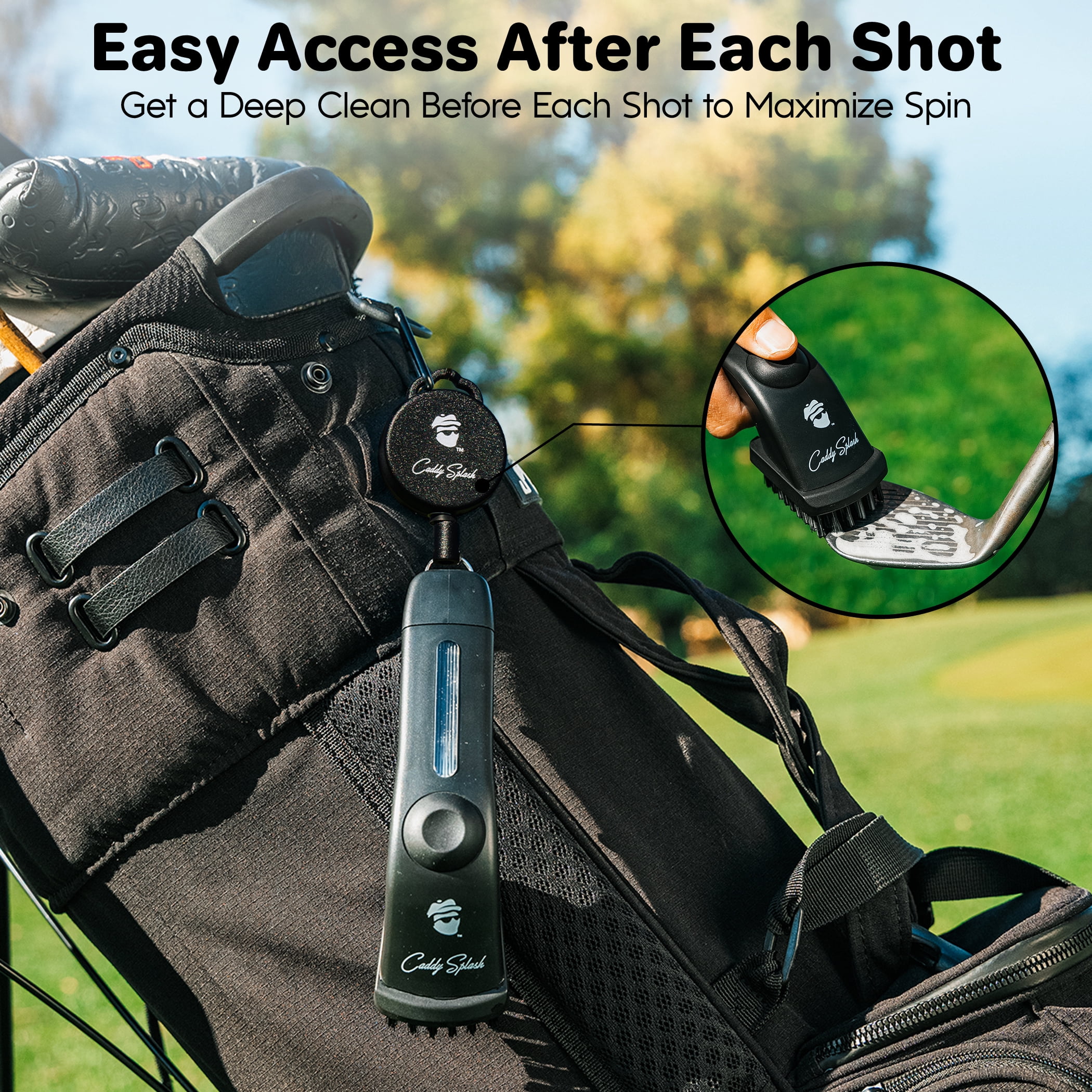Caddy Splash Golf Club Brush Pro with Water- Heavy Duty Retractable Clip- Push Button for Easy Cleaning- Nylon Bristles- Holds 4 Oz- Golf Accessories for Men- Best Golf Gift - USA Company (Black)