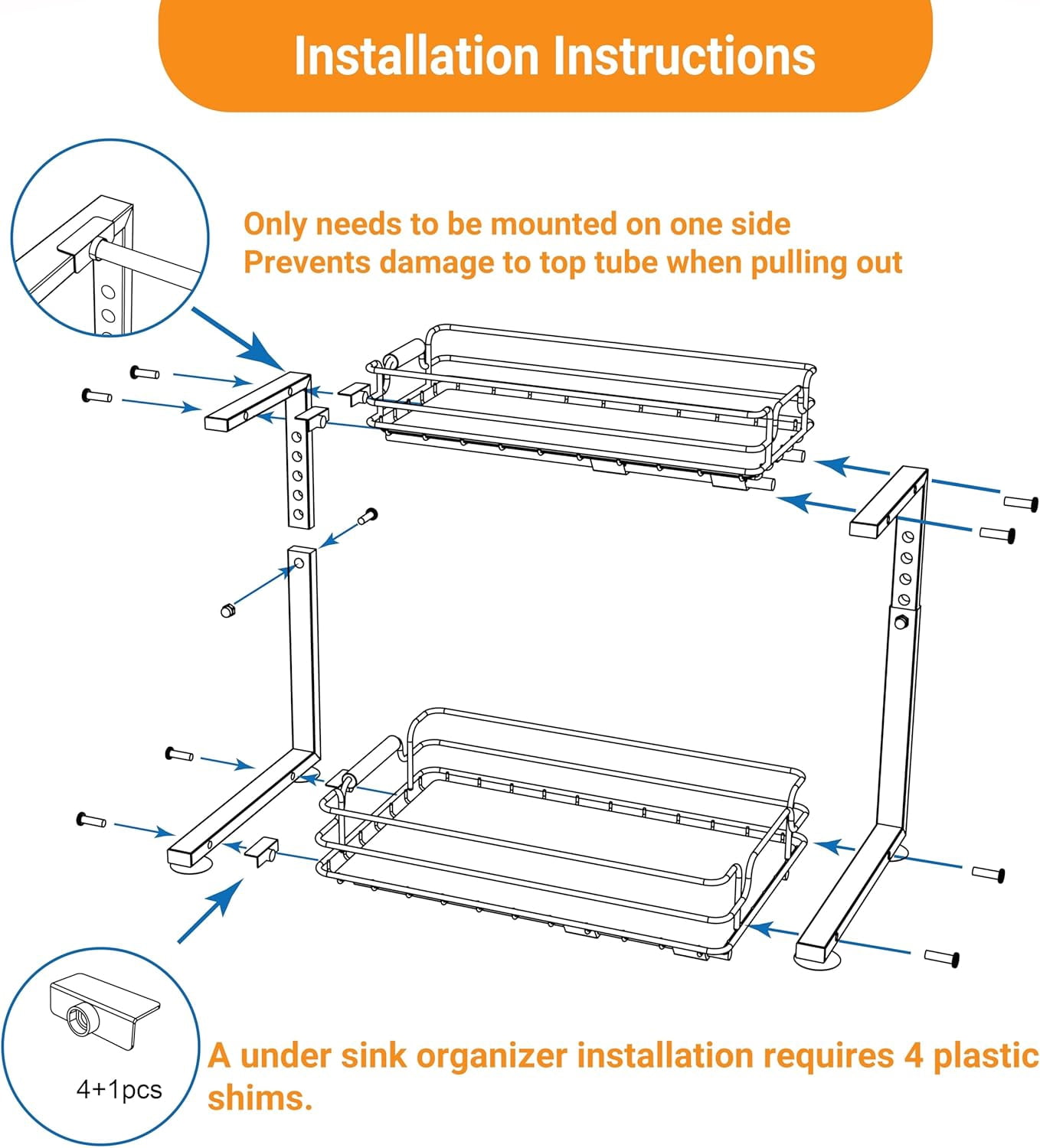 Under Sink Organizer, 2 Tier Pull out Under Kitchen Bathroom Sink Organizer and Storage, Metal Sliding Drawer for Cabinet Pantry Undersink Organizers Shelf (White, 2 Pack)