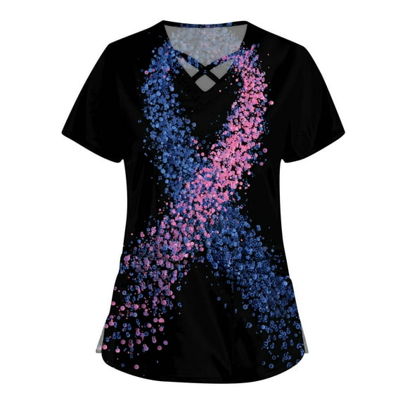 WTOBBY Women's Practical Cross V-Neck Short Sleeve Overalls with Double Layer Pockets Printed Scrub Top, Nursing Uniform Apparel for Healthcare, Comfortable for Daily Shifts ,Black L