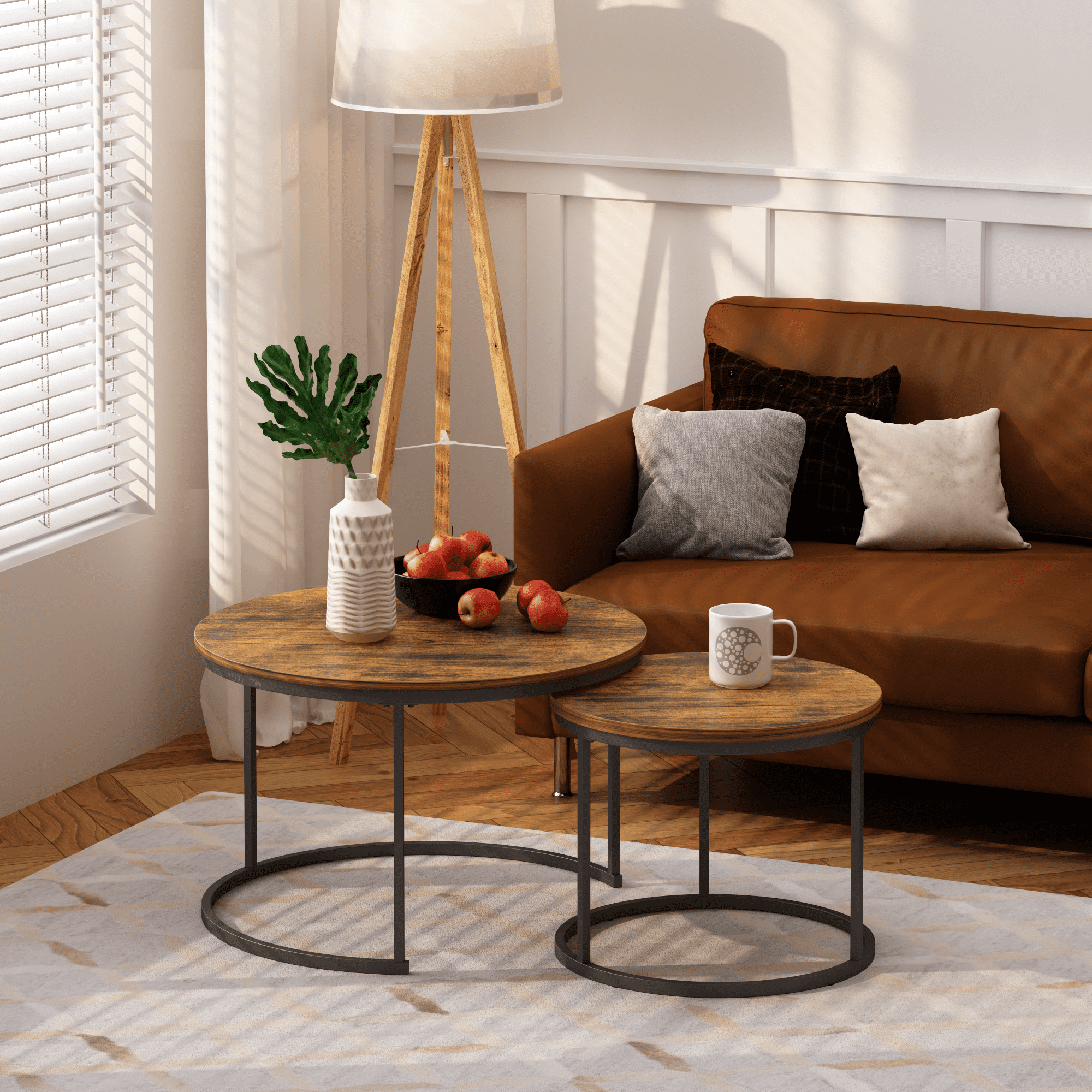 Nesting Coffee Table Set of 2, 27.6inch Round Coffee Table Industrial Wood Finish with Sturdy Metal Frame, End Table Side Tables for Living Room Bedroom Balcony Yard (Rustic Brown)