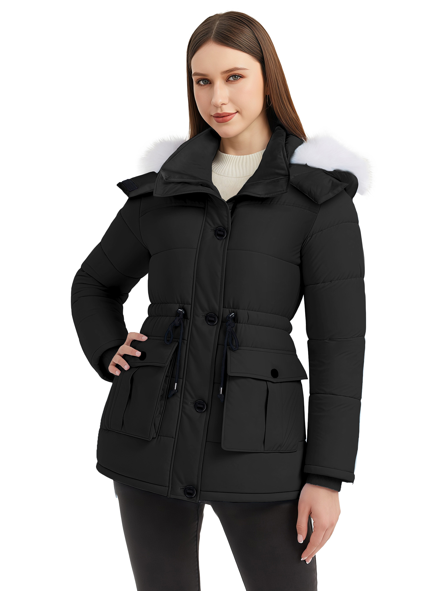 Women's Winter Puffer Coat with Removable Hood Waterproof Warm Jacket Thickened Insulated Parka Black L