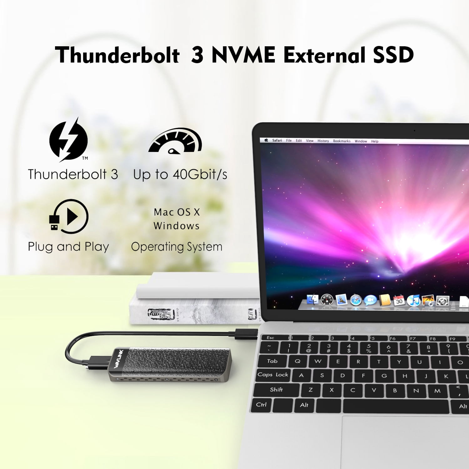 WAVLINK 40Gbps NVMe Enclosure, M.2 Enclosure Compatible with Thunderbolt 4/3/USB 4, Thunderbolt 3 to M Key/B+M Key 2280 NVMe SSD Enclosure, Heatsink Design,up to 2TB
