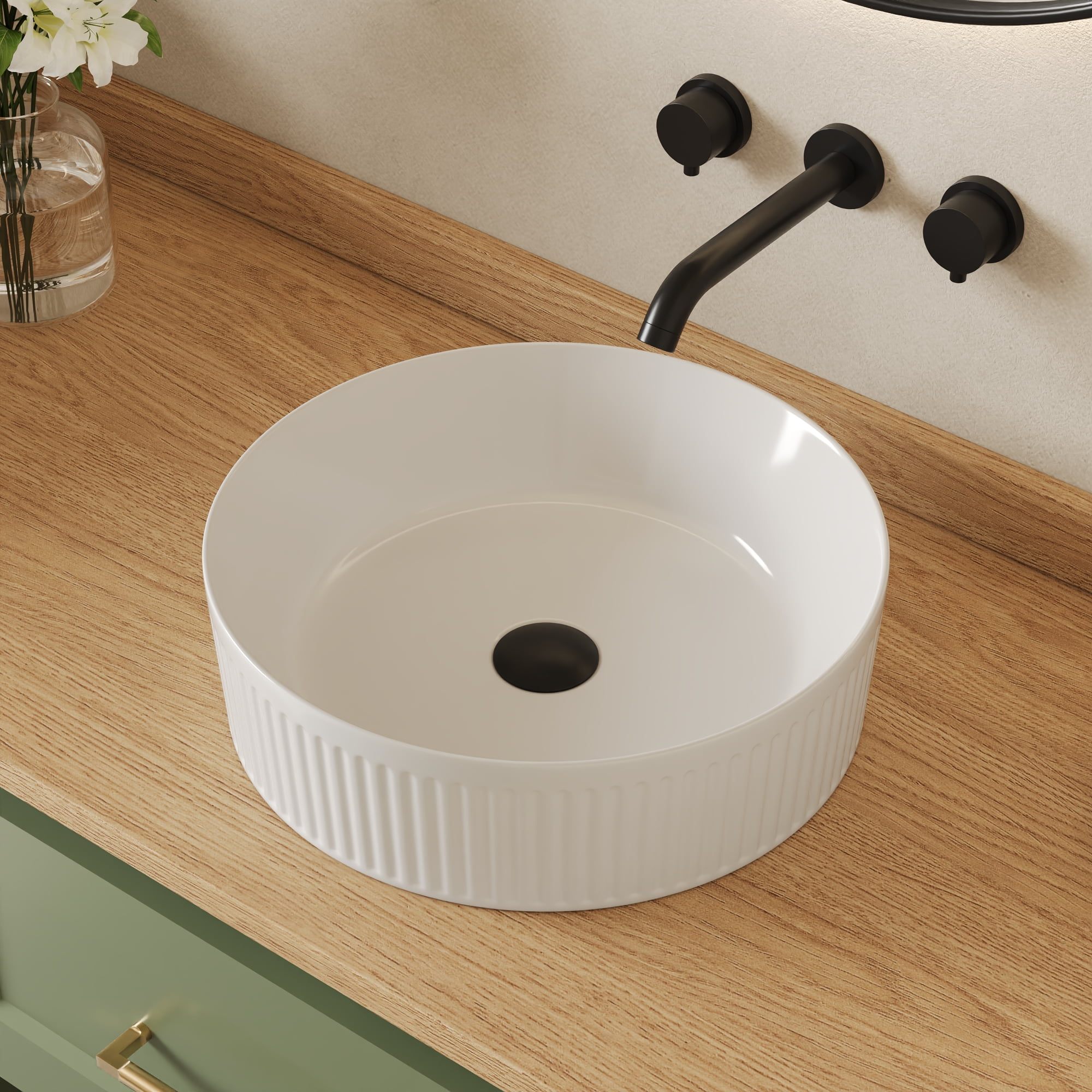 Modern 16 in. Round White Ceramic Bathroom Vessel Sink with Wavy Texture Design, Above Counter Single Bowl Art Basin