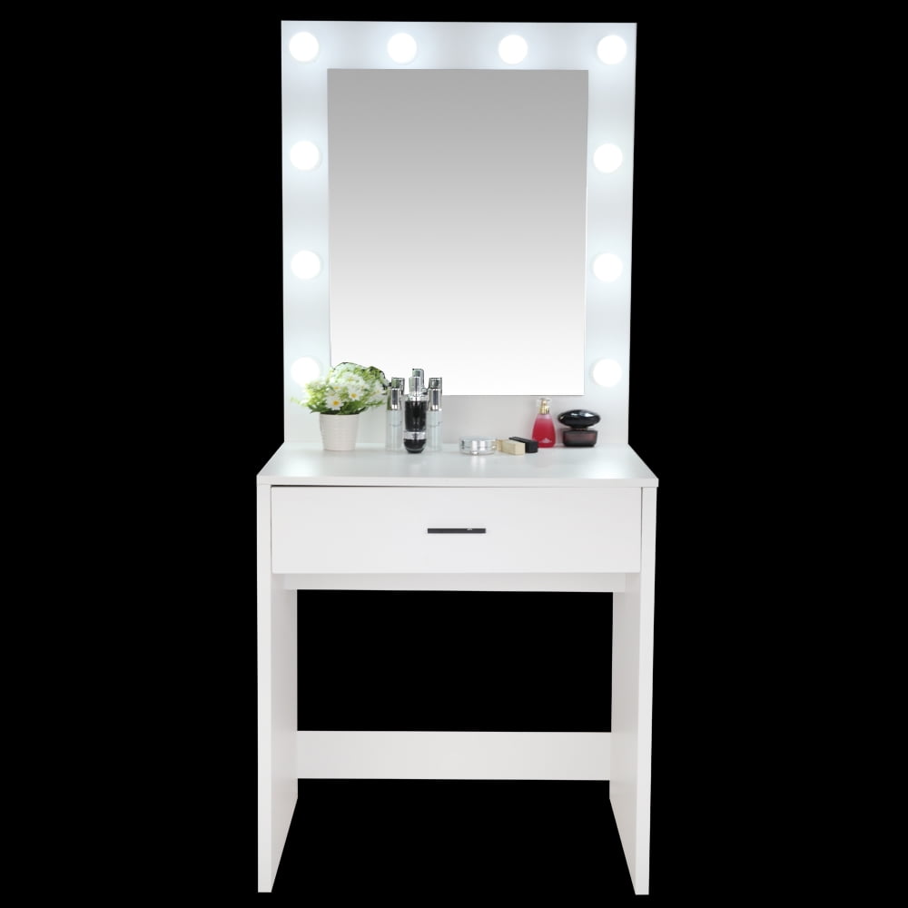 Kepooman Pattern Dressing Table, Large-Mirror Single-Drawer Vanity Table with Cold Light, White Kepooman Pattern Dressing Table, Large-Mirror Single-Drawer Vanity Table with Cold Light, White