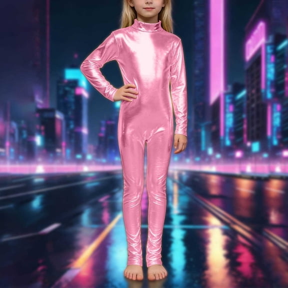 MEZZALL Girls Bodysuits Metallic High Neck Long Sleeve Performance Romper With Glitter Gold And Back Zipper For Dance Stage Wear O-Neck Solid Color Birthday Back To School Onesie