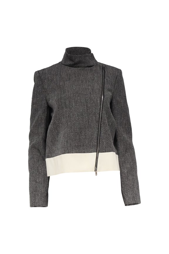 Pre-Owned Joseph Zipped Tweed Biker Jacket in Black Linen