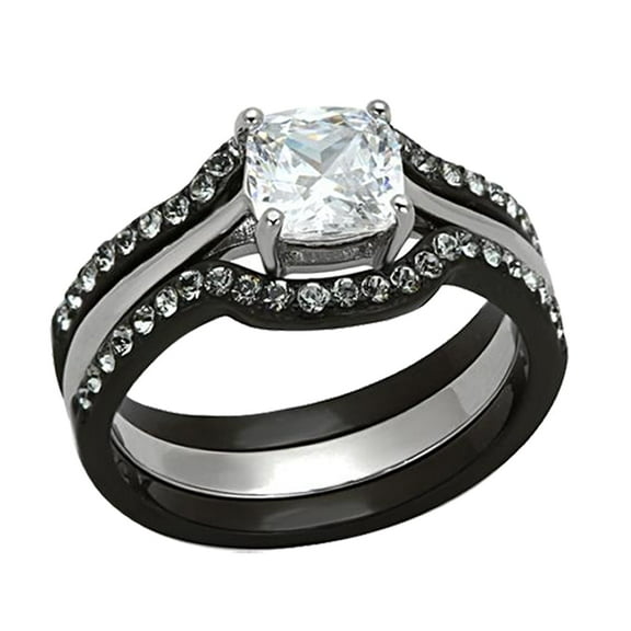 MABELLA Women Black Stainless Steel Pricess Cut AAA Main Cubic Zirconia Wedding Ring Sets Sizes5-10