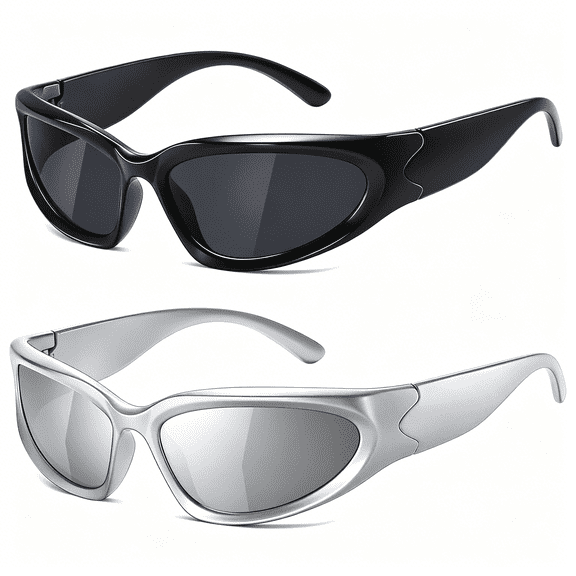HBMYN Y2K Wrap Around Sunglasses for Women Men Sliver Oval Fashion Trendy Sport Shades UV Protection Eyeglasses