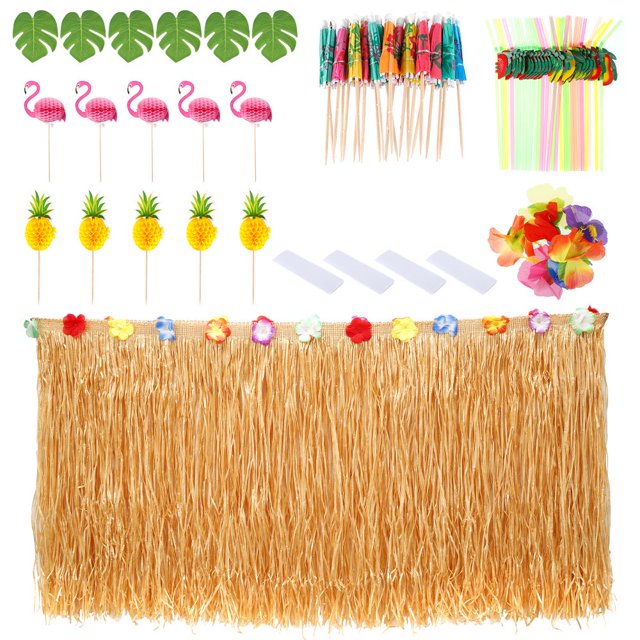Durable Reusable Hawaiian Tropical Party Decorations Set Lightweight Elegant Bright Table Skirt Pineapple Toothpick Umbrella