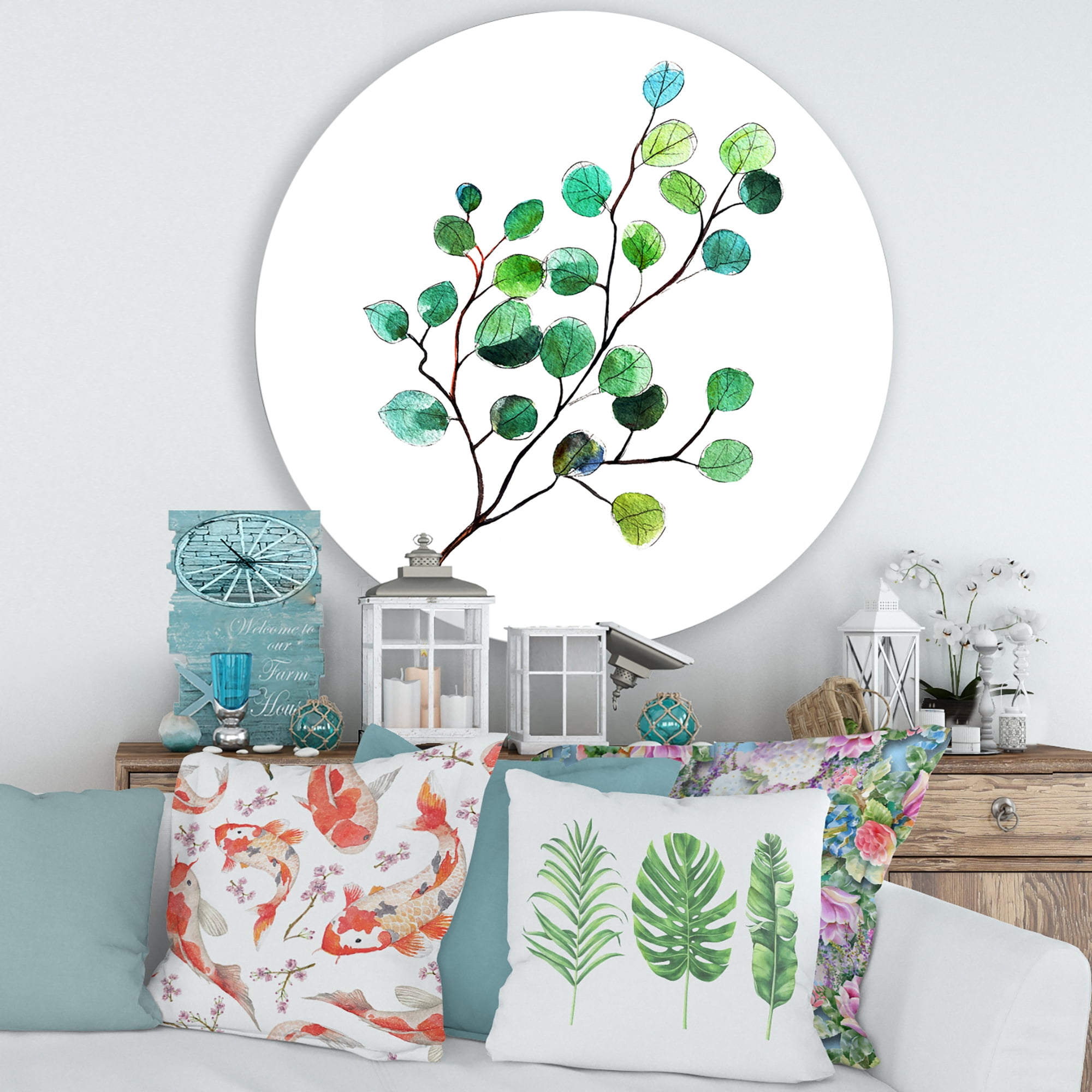 Designart 'Young Eucalyptus Branches and Leaves IV' Traditional Circle Metal Wall Art 29x29 - Disc of 29