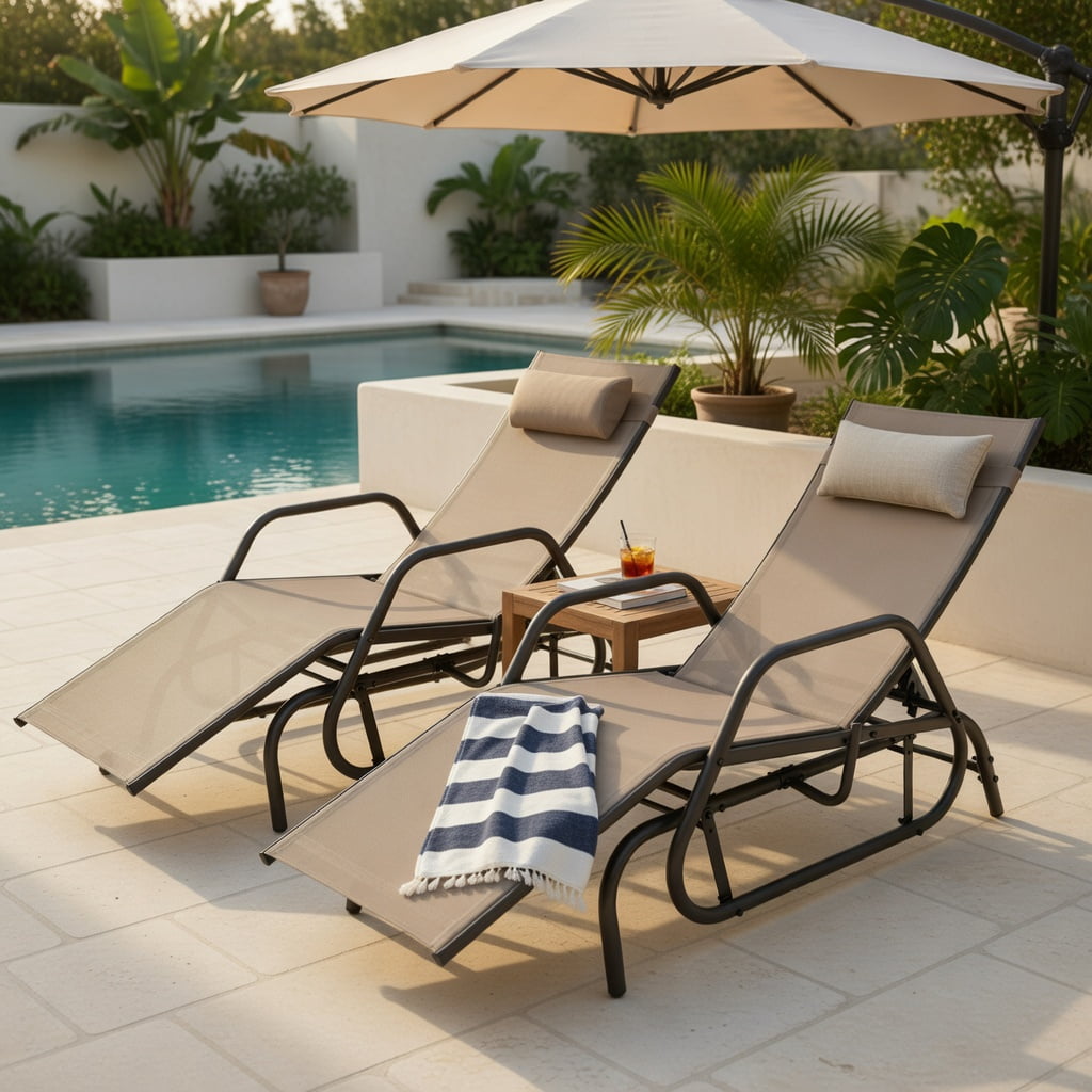 Hommoo Outdoor Chaise Lounge Glider Chair with Adjustable Backrest, Removable Pillow & Quiet Metal Frame, Rustic Brown