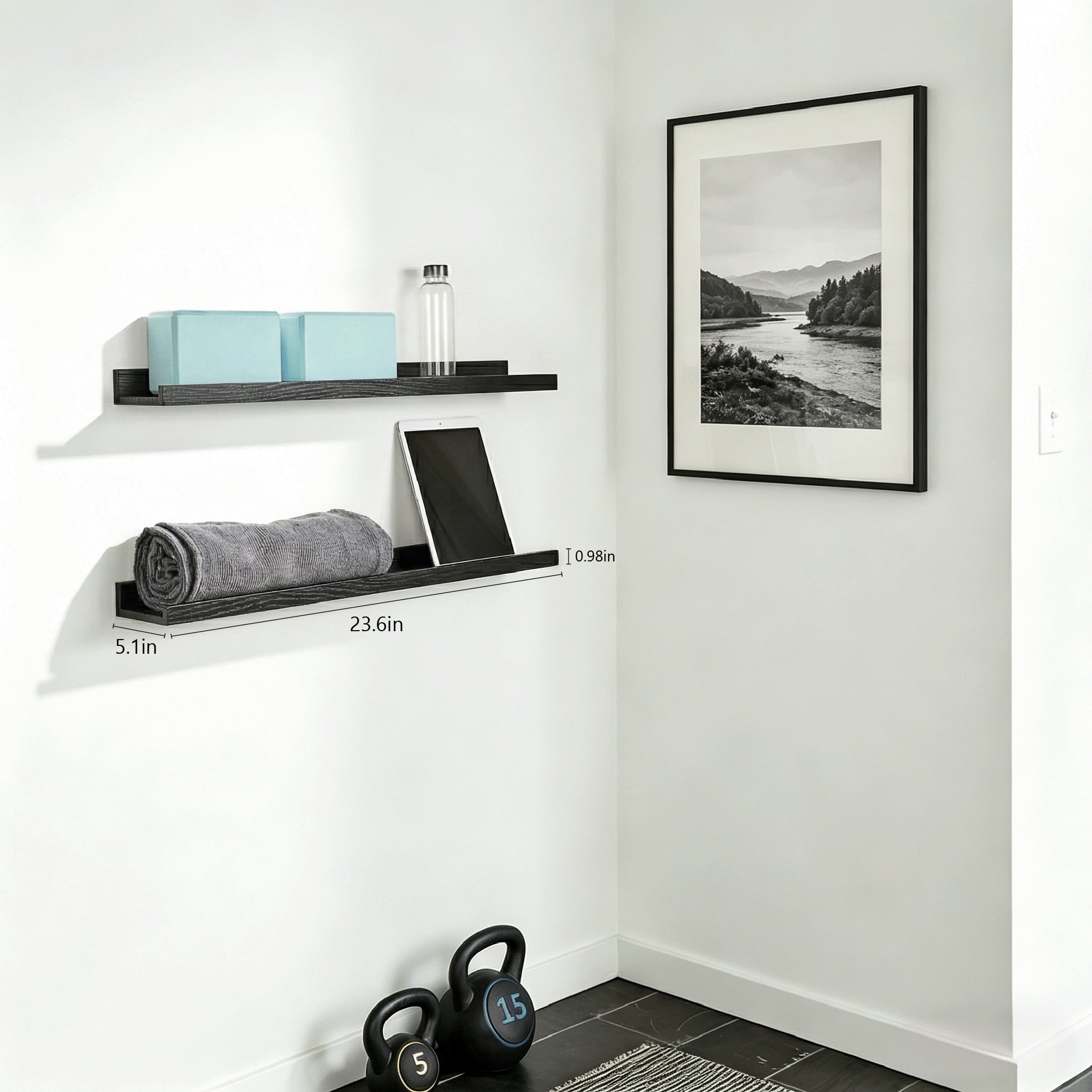 Mifurn 24'' Wood Floating Shelves for Wall Picture Ledge Shelves, Set of 2, Black