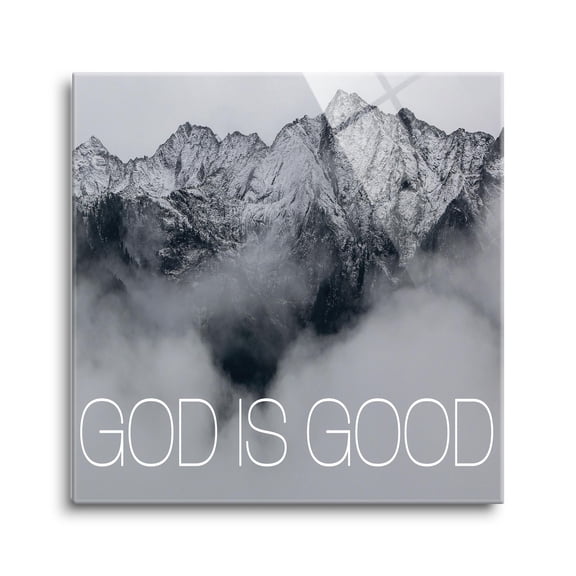 He Is Good Misty Whitecap Mountains 24 x 24 Glass Wall Hanging Sign