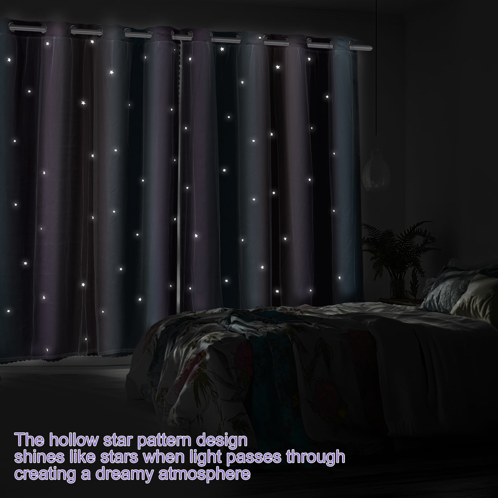 Dznils Star Ombre Printed Grommet Sheer Blackout Curtain Panel Set, 4 Piece, Purple, 52" W x 63" L